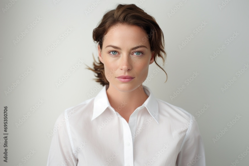 Portrait of a tender woman in her 30s wearing a classic white shirt against a white background. AI Generation Portrait of a tender woman in her 30s wearing a classic white shirt against a white background. AI Generation