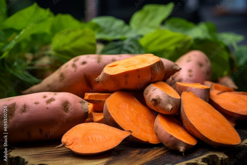 Close-up view of a vibrant orange sweet potato, freshly harvested and surrounded by fall leaves