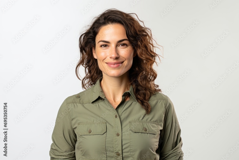 Portrait of a tender woman in her 30s sporting a breathable hiking shirt against a white background. AI Generation Portrait of a tender woman in her 30s sporting a breathable hiking shirt against a white background. AI Generation