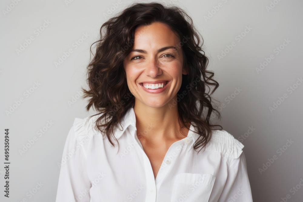 Portrait of a smiling woman in her 40s wearing a simple cotton shirt against a white background. AI Generation Portrait of a smiling woman in her 40s wearing a simple cotton shirt against a white background. AI Generation