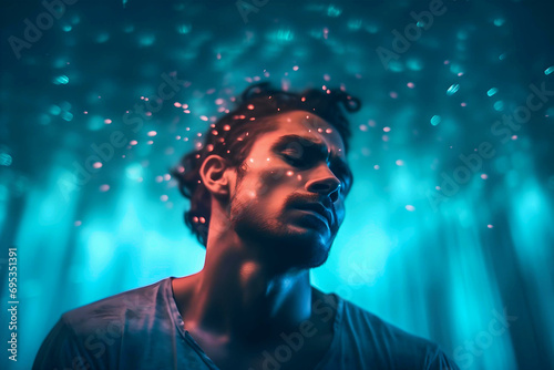 Man with glowing light in water, underwater, in the style of light cyan and crimson