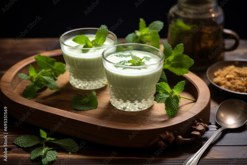 A delightfully chilled serving of Doogh, the classic Persian yogurt beverage, accompanied by traditional Iranian food elements A delightfully chilled serving of Doogh, the classic Persian yogurt beverage, accompanied by traditional Iranian food elements