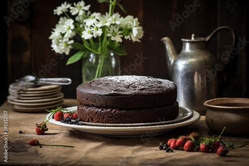 An old-fashioned, vegan-friendly Depression Cake, embodying the frugality of the Great Depression era, served on a vintage wooden table