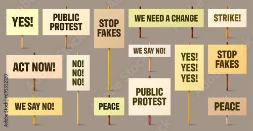 Colorful protest signs with slogan on wooden holder. Realistic vector demonstration banner. Strike action cardboard placard mockup