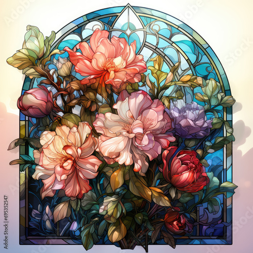 watercolor Bright Bouquet Stained Glass Window clipart  Generative Ai