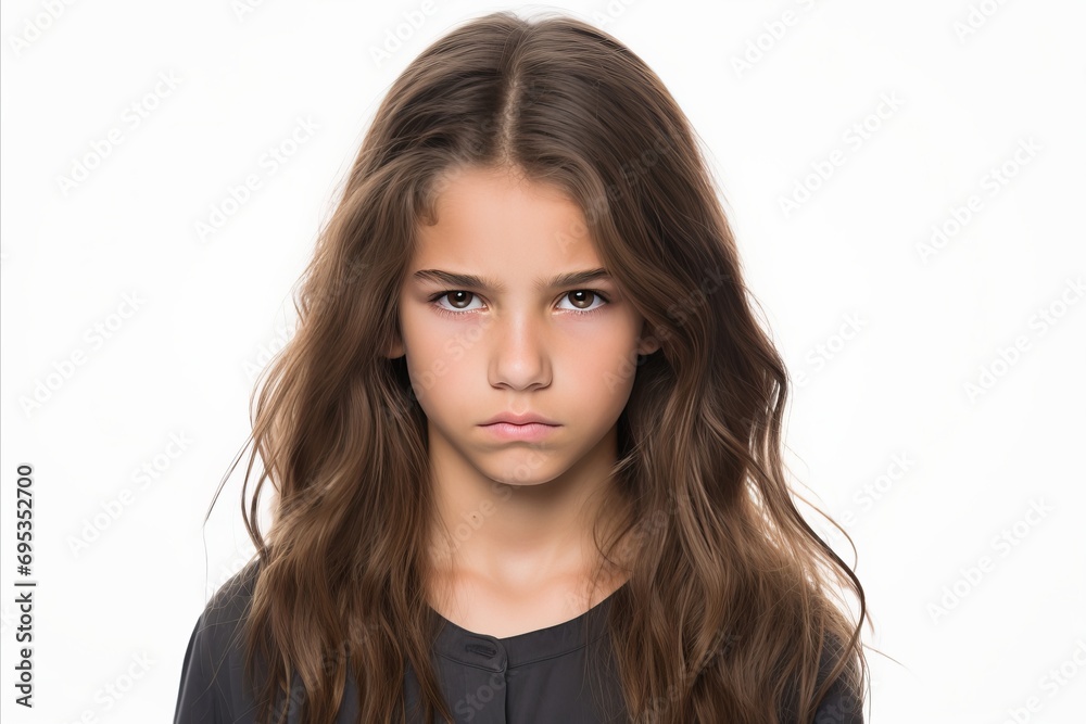 Naklejka premium Anxious young girl with a distressed expression standing alone on a plain white background