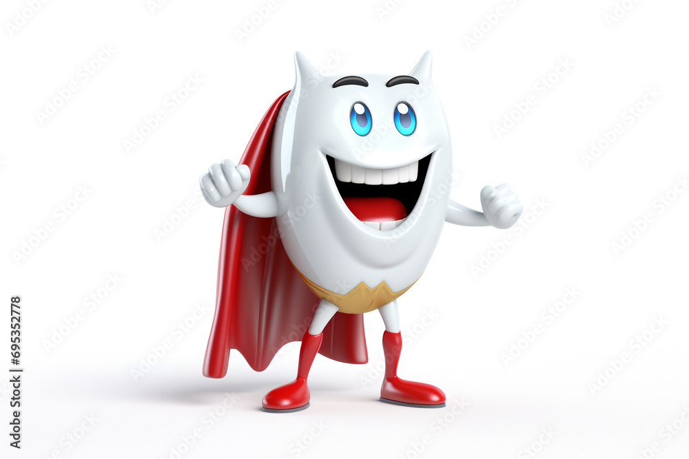 Happy superhero healthy tooth 3D illustration white background