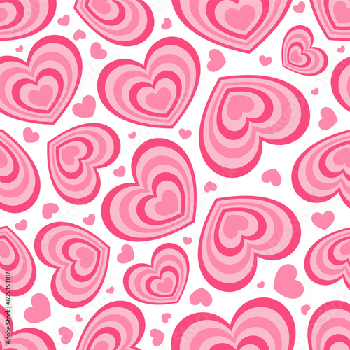 Y2k seamless pattern with hearts. Retro abstract groovy background. Pink funky vector wallpaper for Valentine day. Girly lovely design