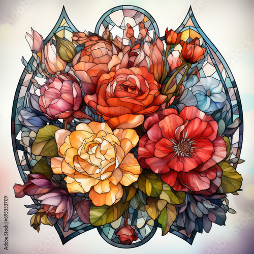 watercolor Bright Bouquet Stained Glass Window clipart, Generative Ai