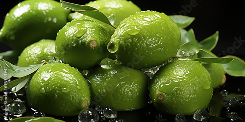 stack of green lemons on black background with water splash effect. generative AI