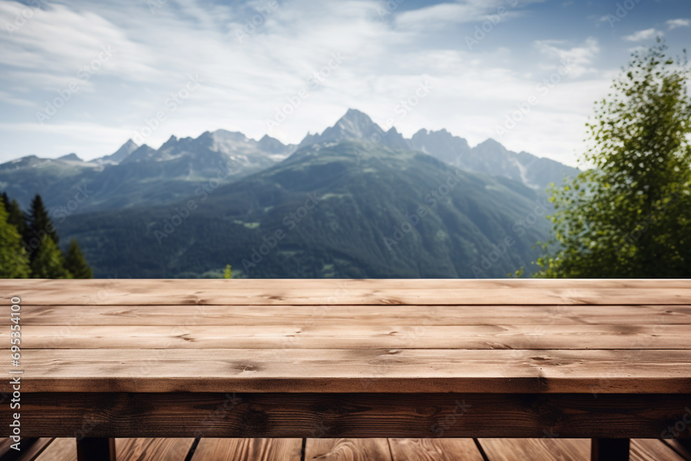 Picnic wooden table with mountain view
