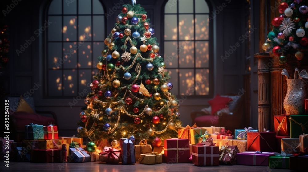 Christmas image featuring a beautifully decorated Christmas tree adorned with twinkling lights and ornaments, surrounded by a colorful array of presents, evoking the joy and warmth of the holiday Christmas image featuring a beautifully decorated Christmas tree adorned with twinkling lights and ornaments, surrounded by a colorful array of presents, evoking the joy and warmth of the holiday
