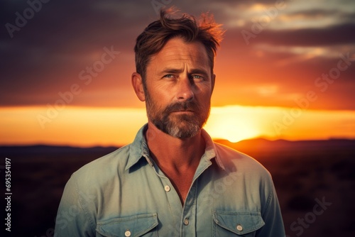 Portrait of a tender man in his 40s sporting a versatile denim shirt against a vibrant sunset horizon. AI Generation © Markus Schröder