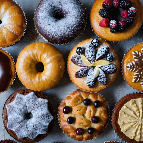 food baking closeup of many different five verity cakes top view. donuts on a plate photo