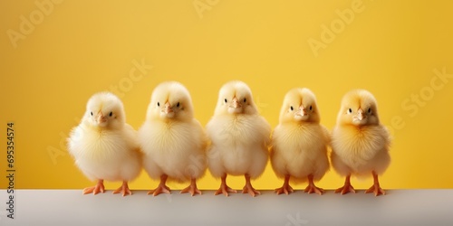 Small chickens are standing side by side, light yellow background photo