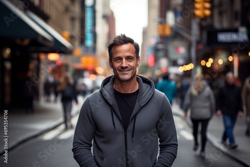 Portrait of a satisfied man in his 40s wearing a thermal fleece pullover against a busy urban street. AI Generation