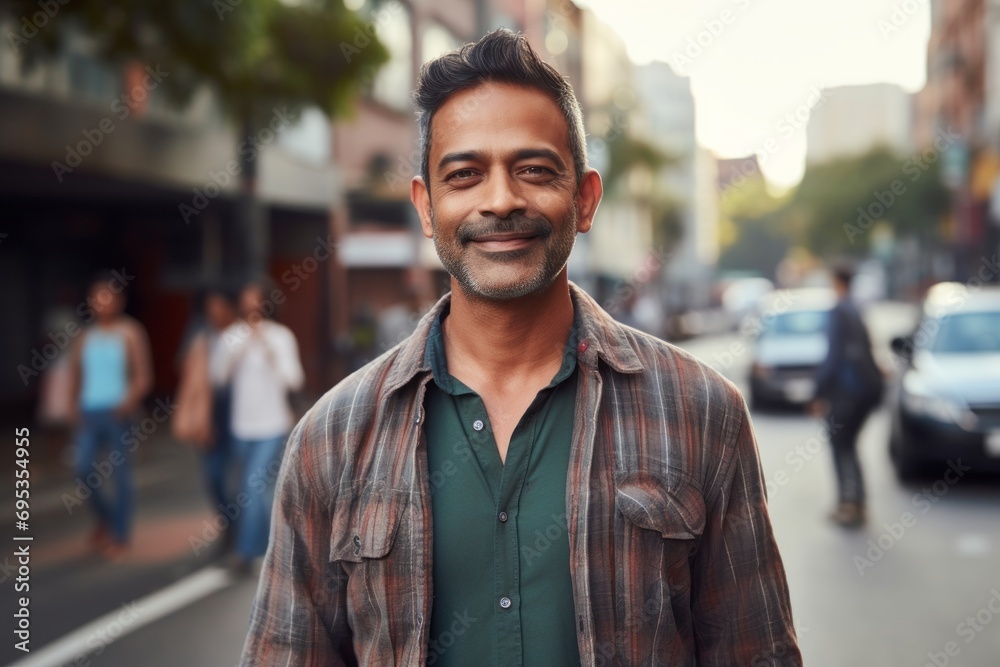 Portrait of a satisfied indian man in his 50s wearing a comfy flannel shirt against a busy urban street. AI Generation Portrait of a satisfied indian man in his 50s wearing a comfy flannel shirt against a busy urban street. AI Generation