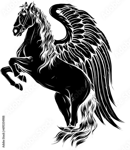 black silhouette of pegasus vector illustration - winged horse side view black and white design