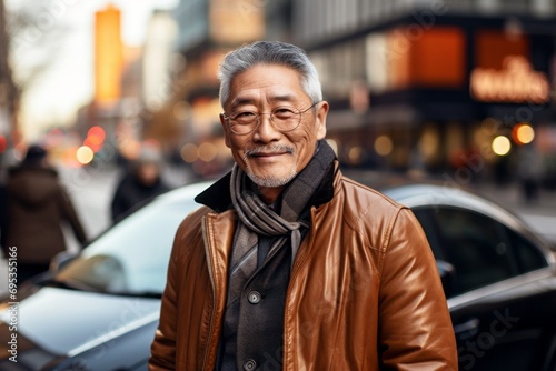 Portrait of a content asian man in his 60s sporting a stylish leather blazer against a busy urban street. AI Generation