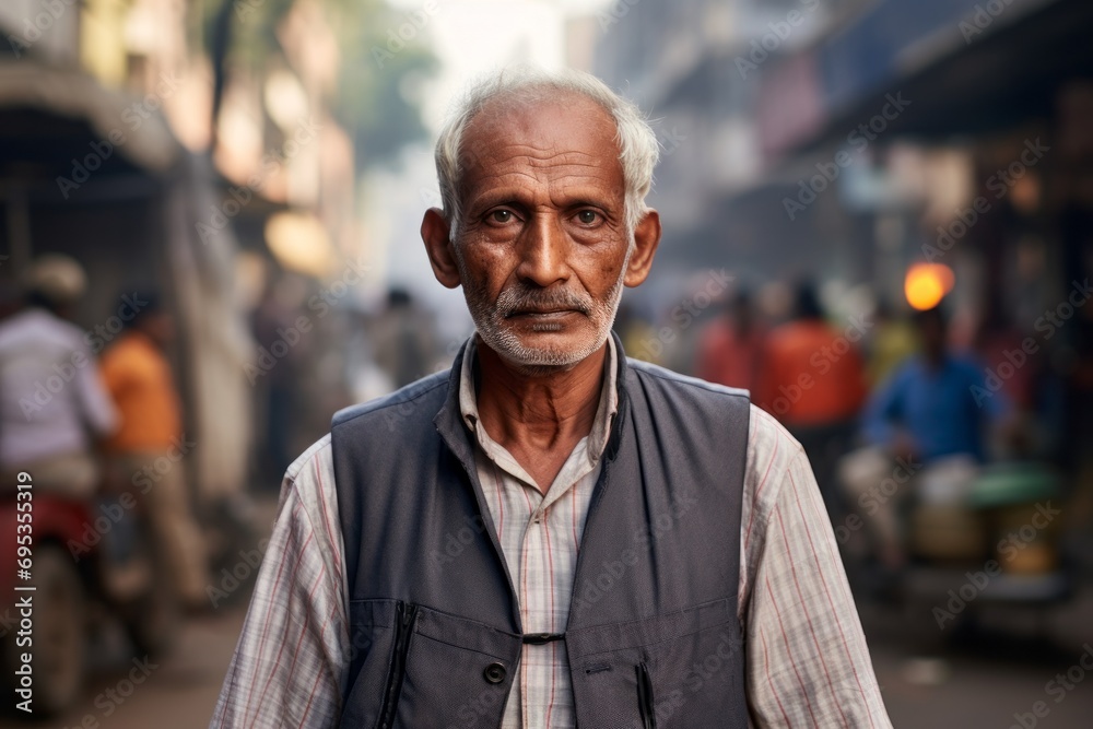 Portrait of a tender indian man in his 60s dressed in a breathable mesh vest against a busy urban street. AI Generation Portrait of a tender indian man in his 60s dressed in a breathable mesh vest against a busy urban street. AI Generation