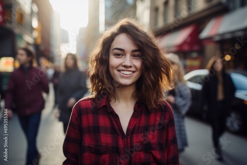 Portrait of a grinning woman in her 20s wearing a comfy flannel shirt against a busy urban street. AI Generation