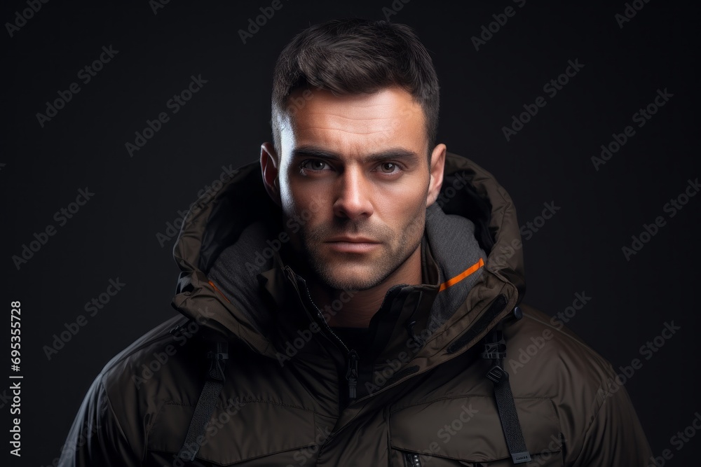 Portrait of a glad man in his 30s donning a durable down jacket against a modern minimalist interior. AI Generation