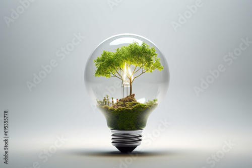 Green plant new life on lamp out of a bulb, green energy concept on over white background