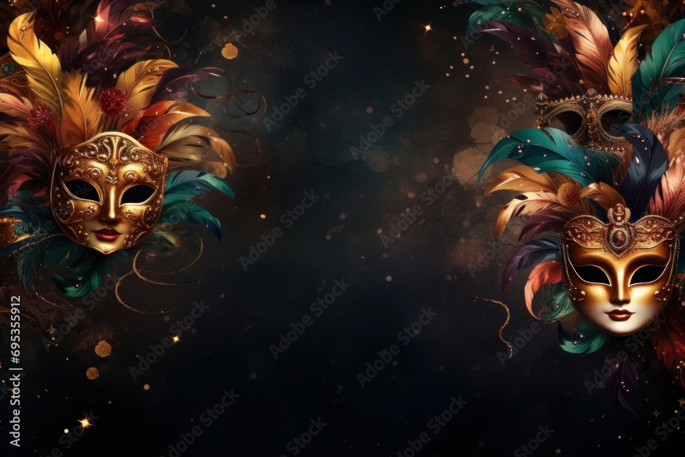 Carnival background with masks and feathers.