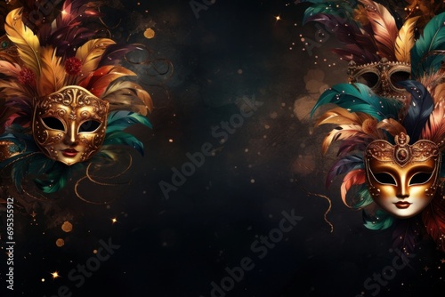 Carnival background with masks and feathers. © Vanesa Flores