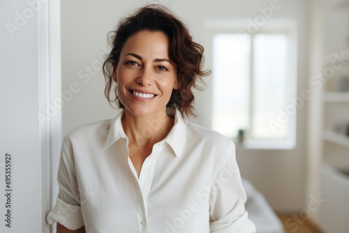 Portrait of a smiling woman in her 40s sporting a vented fishing shirt against a modern minimalist interior. AI Generation Free Download Portrait of a smiling woman in her 40s sporting a vented fishing shirt against a modern minimalist interior. AI Generation - GFXLoad