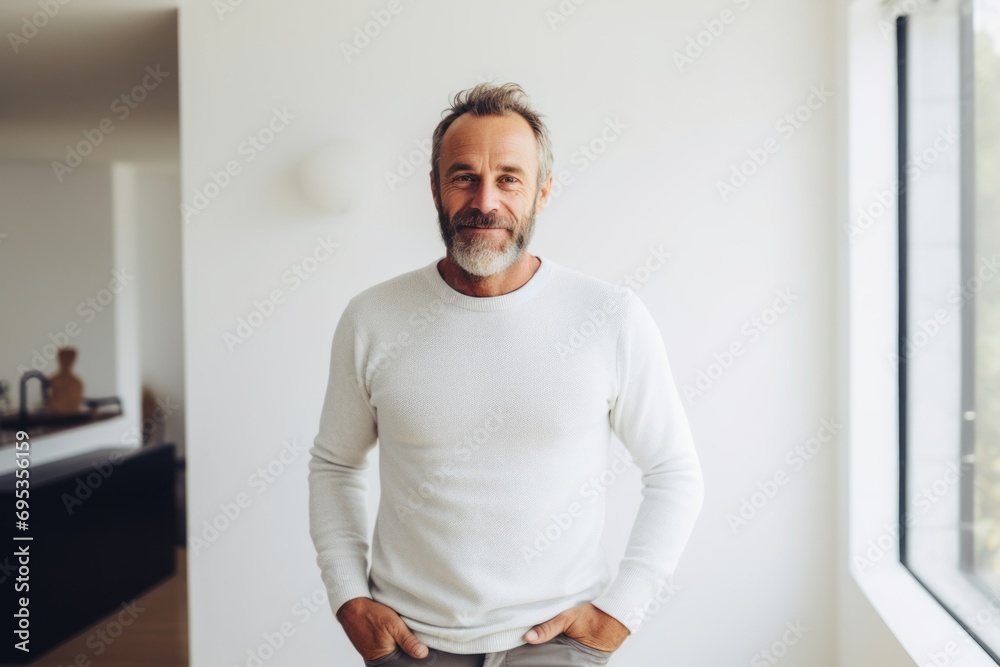 Fototapeta premium Portrait of a content man in his 50s showing off a thermal merino wool top against a modern minimalist interior. AI Generation