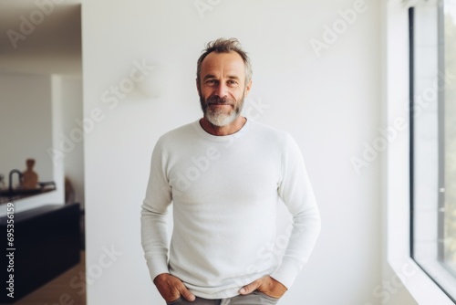 Portrait of a content man in his 50s showing off a thermal merino wool top against a modern minimalist interior. AI Generation photo