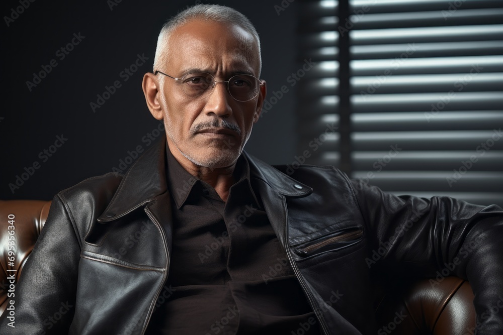 Obraz premium Portrait of a glad indian man in his 60s sporting a classic leather jacket against a modern minimalist interior. AI Generation