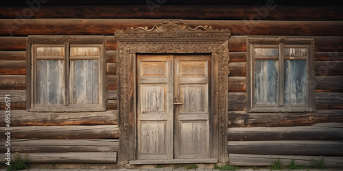 Rustic wooden house made of round logs abandoned villages and houses ancient door design wooden door door in an old wooden house with bentch and plant with tree on the front of house Ai Generative photo