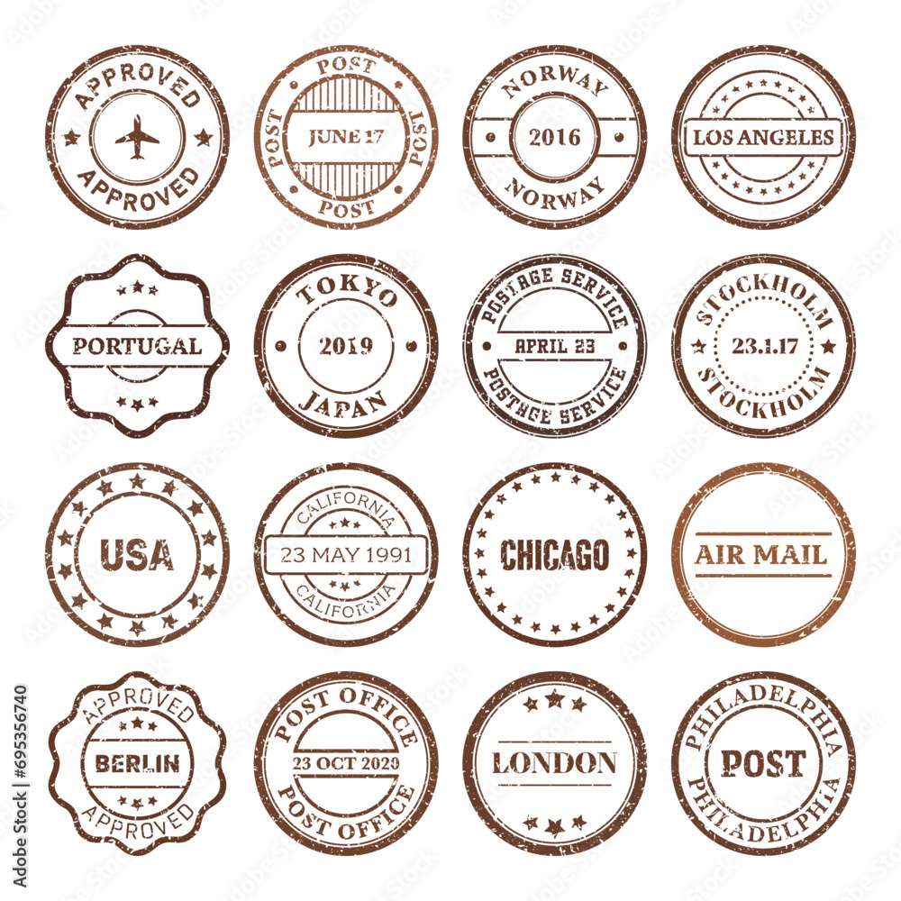 Post stamps, labels and badges. Grunge imprints and postmarks. Brown vintage circle postcard watermarks. Used envelope design elements. Vector illustration
