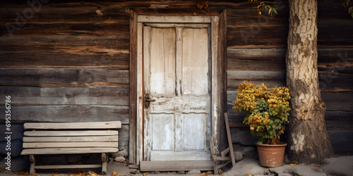 Old Wooden Door In Antique House House Draw Ethnographical Photo Background Wooden barn door with handle old wooden buildin a bentch and plant with flowers on the outside of house Ai Generative photo