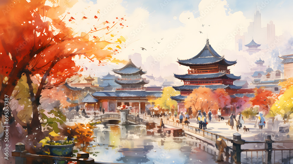Fototapeta premium Captivating Watercolor of Beijing, China. Exploring Vibrant Urban Life in Metropolitan Hub, Artistic Rendering of City Street, Cultural Diversity and Energetic Cityscape.