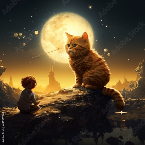 cat on moon playing with his childern