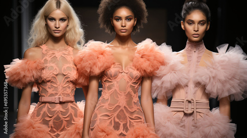 Captivating Runway Models Showcasing Designer Dresses in the Color of the Year 2024, peach fuzz.