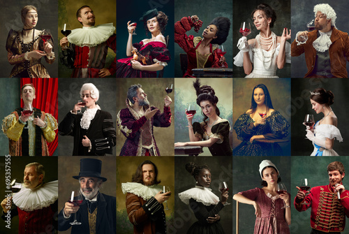 Collage. Portrait of different royal people, famous historical personages drinking wine over dark vintage background. Concept of comparison of eras, modernity and renaissance, baroque style. photo