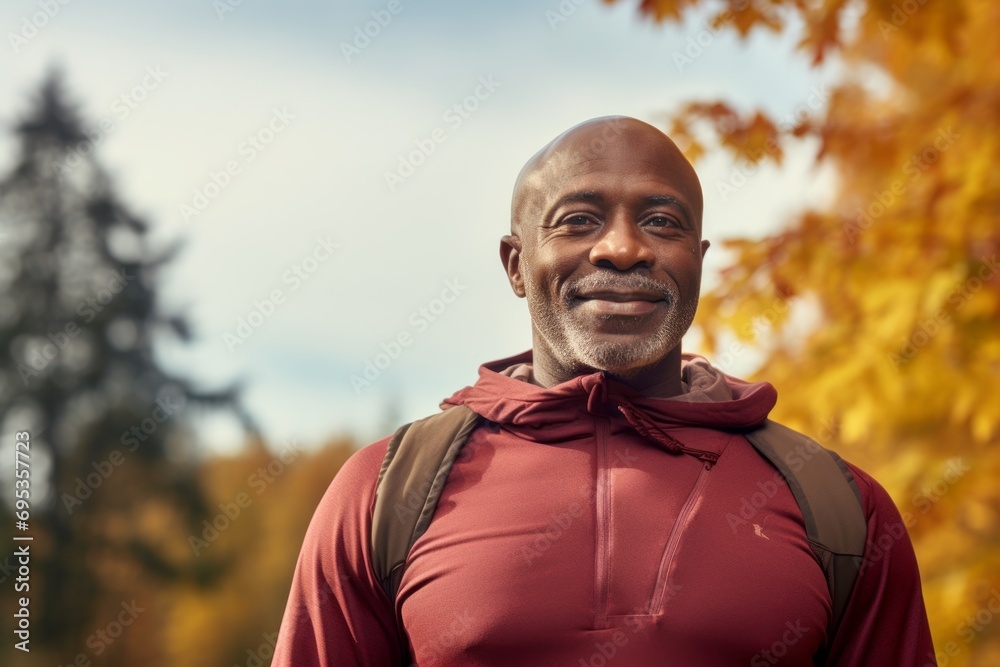 Portrait of a content afro-american man in his 50s sporting a breathable hiking shirt against a background of autumn leaves. AI Generation