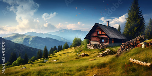 A cabin in a mountain landscape Alpine Farmhouse Image with mountains and clouds on the sky background Ai Generative