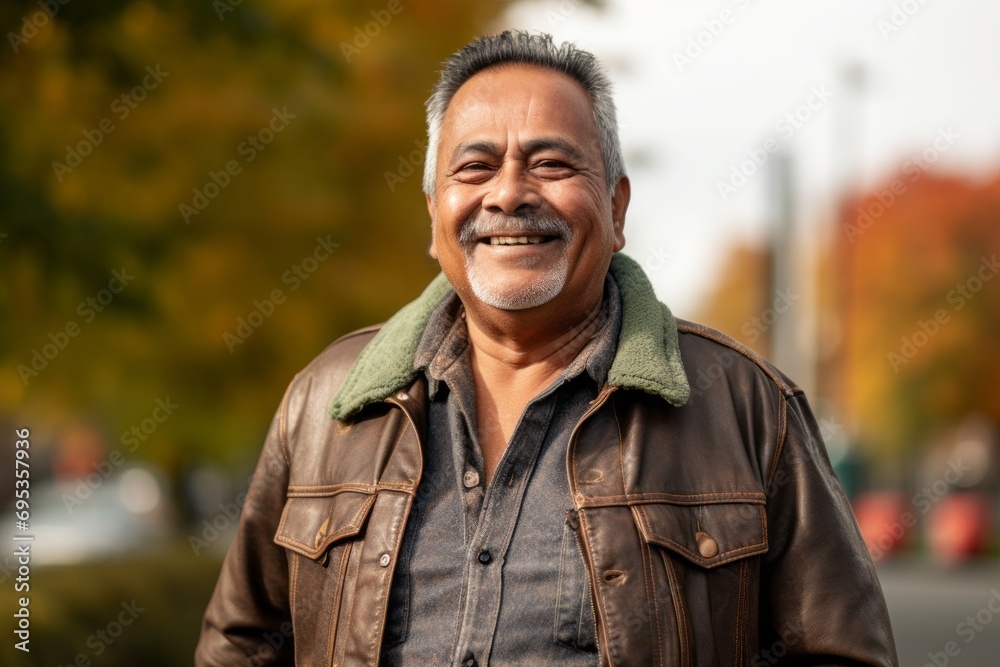 Portrait of a grinning indian man in his 60s sporting a rugged denim jacket against a background of autumn leaves. AI Generation