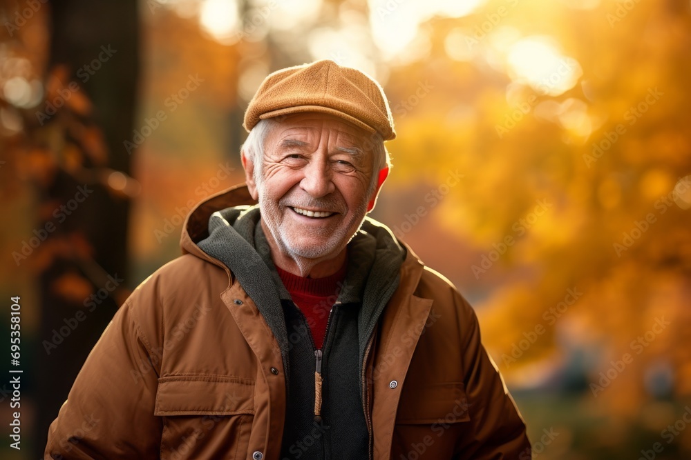 Portrait of a smiling elderly man in his 90s sporting a comfortable hoodie against a background of autumn leaves. AI Generation