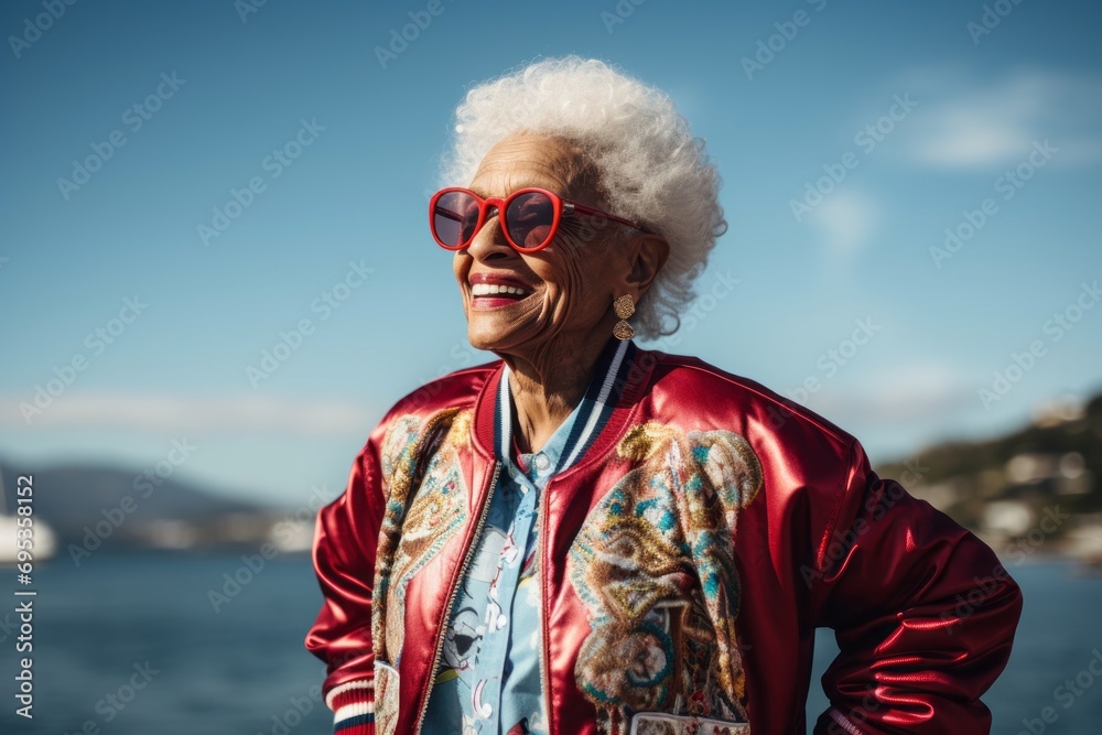 Portrait of a happy afro-american elderly woman in her 90s sporting a stylish varsity jacket against a stunning ocean reef. AI Generation