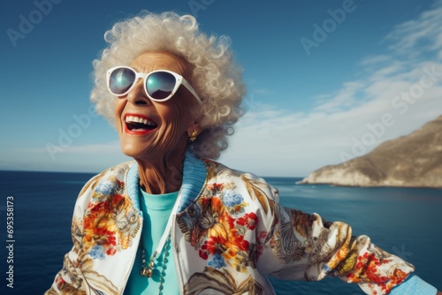 Portrait of a happy afro-american elderly woman in her 90s sporting a stylish varsity jacket against a stunning ocean reef. AI Generation