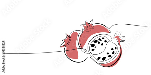 Continuous single line drawing of Pomegranate. One line drawing of fruit with color shapes. Happy Shana Tova Fruit contour. Line art. Abstract minimalistic style. Design vector element