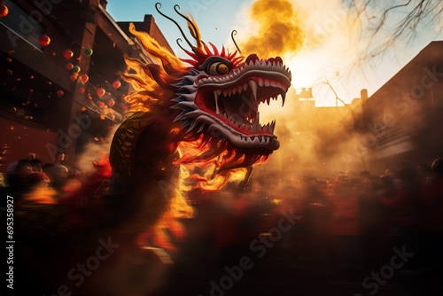 AI generated image. Dragon Bombing Festival during Chinese Lunar New Year celebration photo