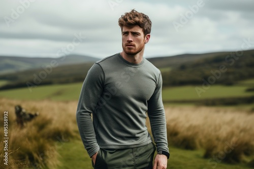 Portrait of a content man in his 20s showing off a thermal merino wool top against a quiet countryside landscape. AI Generation