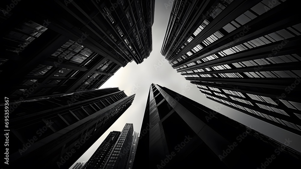 Bottom view of modern skyscrapers in business district. Black and white